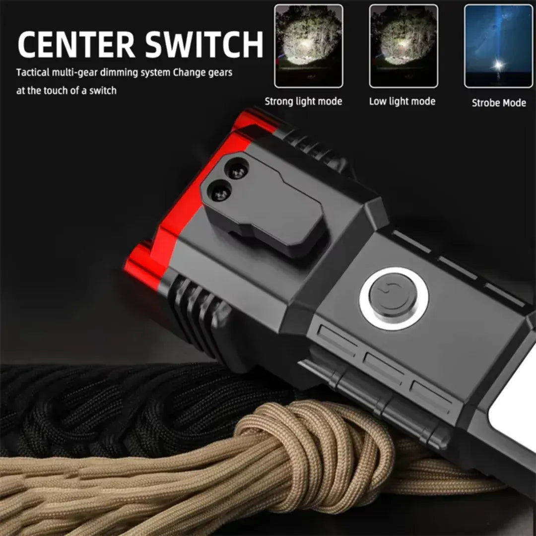 High Power LED Torch Light Rechargeable Flashlight – Multi Functional Emergency Tool With Power Bank, Window Hammer, And Bright Illumination - Glorial