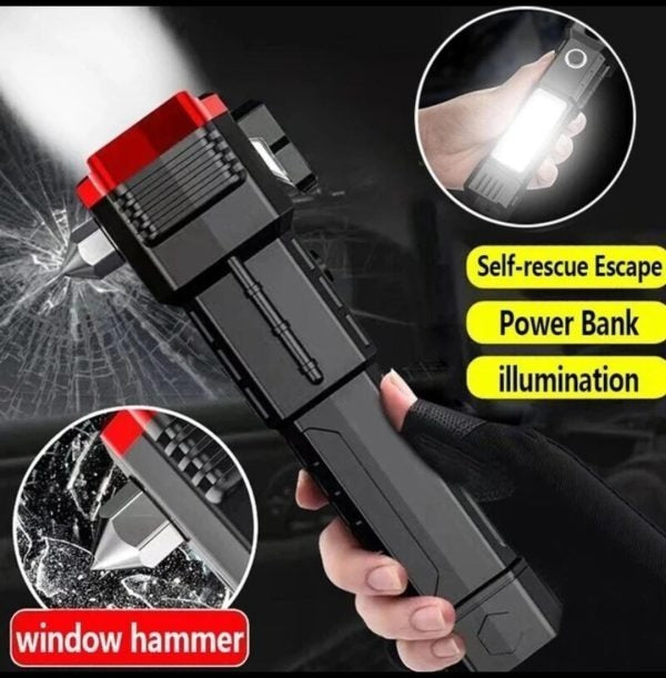 High Power LED Torch Light Rechargeable Flashlight – Multi Functional Emergency Tool With Power Bank, Window Hammer, And Bright Illumination - Glorial