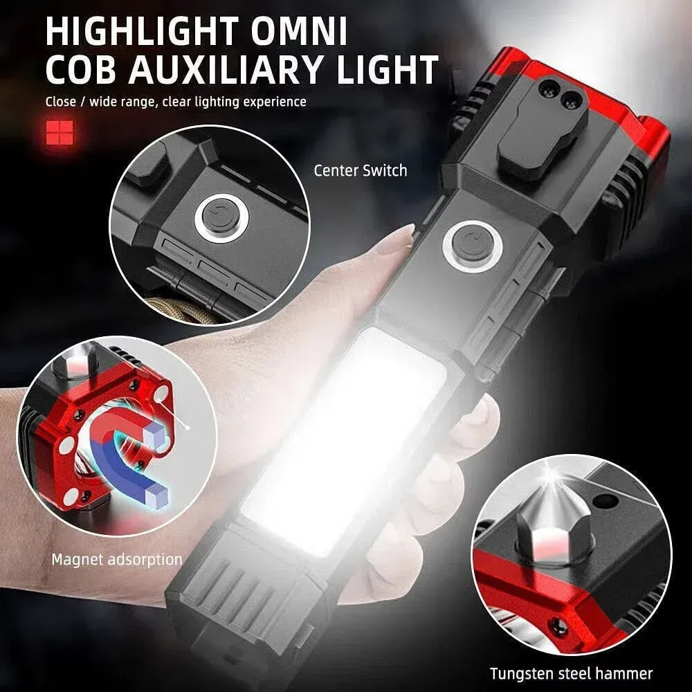 High Power LED Torch Light Rechargeable Flashlight – Multi Functional Emergency Tool With Power Bank, Window Hammer, And Bright Illumination - Glorial